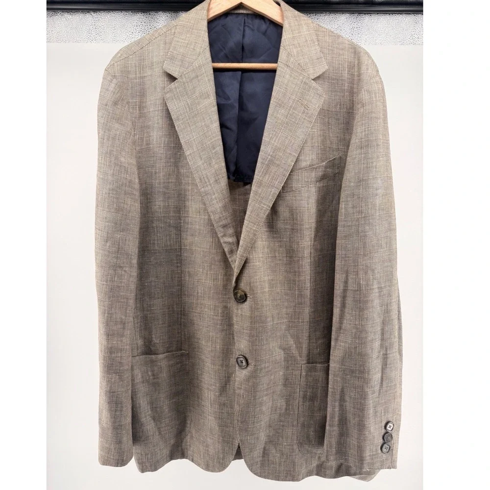 Faconnable Wool Linen Blend Plaid  Mens‎ XL Brown Unstructured Blazer 0836